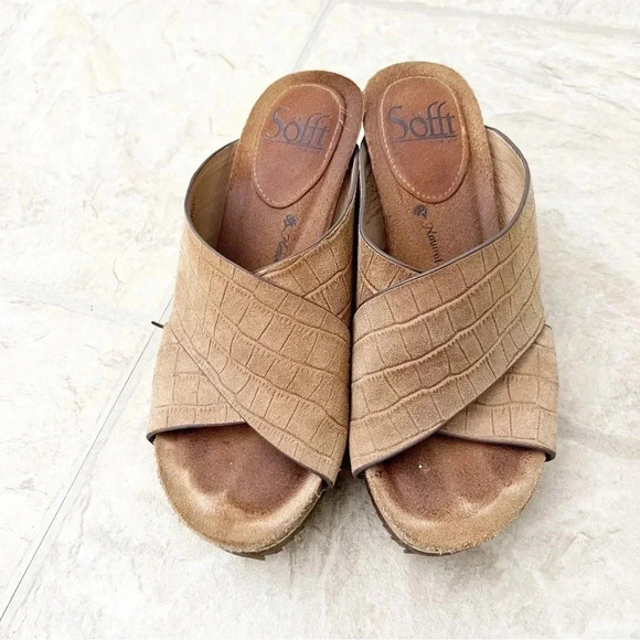Sofft Leather Ciera Croc Embossed Wood Wedge Open Toe Sandals Shoes Size 6 - Picture 7 of 8